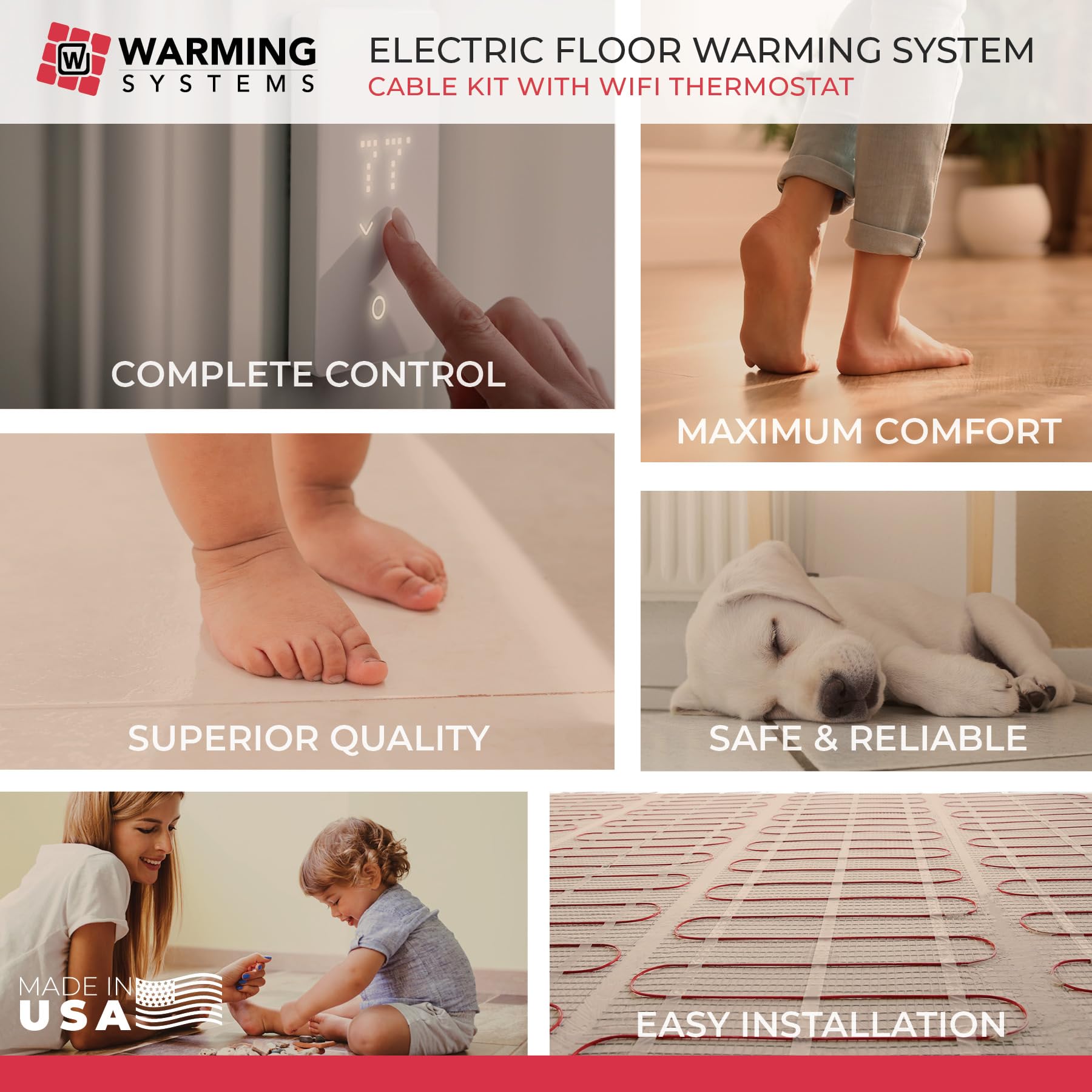 120 Cable Electric Heated Floor System - Includes Thermostat and Sensor, Under Tile Heating for Warm Floors